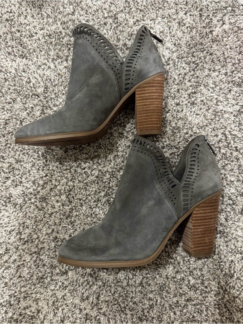 Vince Camuto Gray Suede Cutout Ankle Booties with Stacked Heel